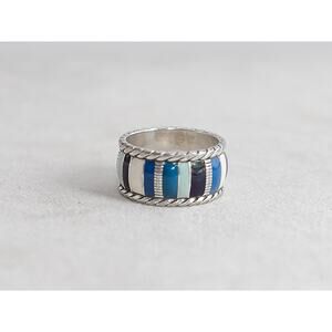 Brighton Vintage Cabana Ring Blue Enamel Silver Plated Size 7 Retired Striped